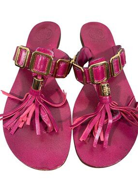 Tory Burch Fuschia Pink Leather thong Sandals Tassel & Gold Hardware 8M
